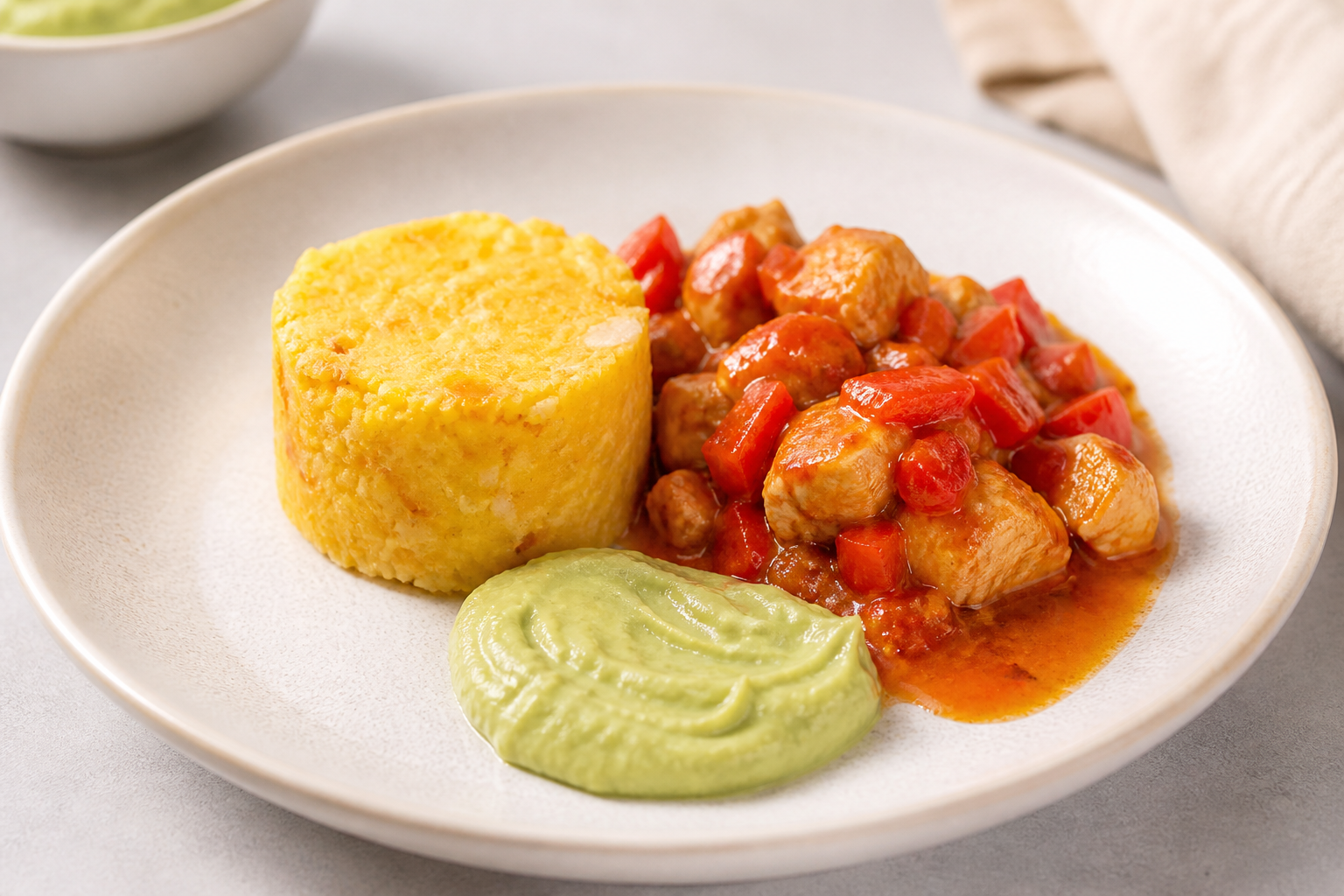 Savory corn and cassava pudding with sweet pepper turkey stew and fresh avocado cream