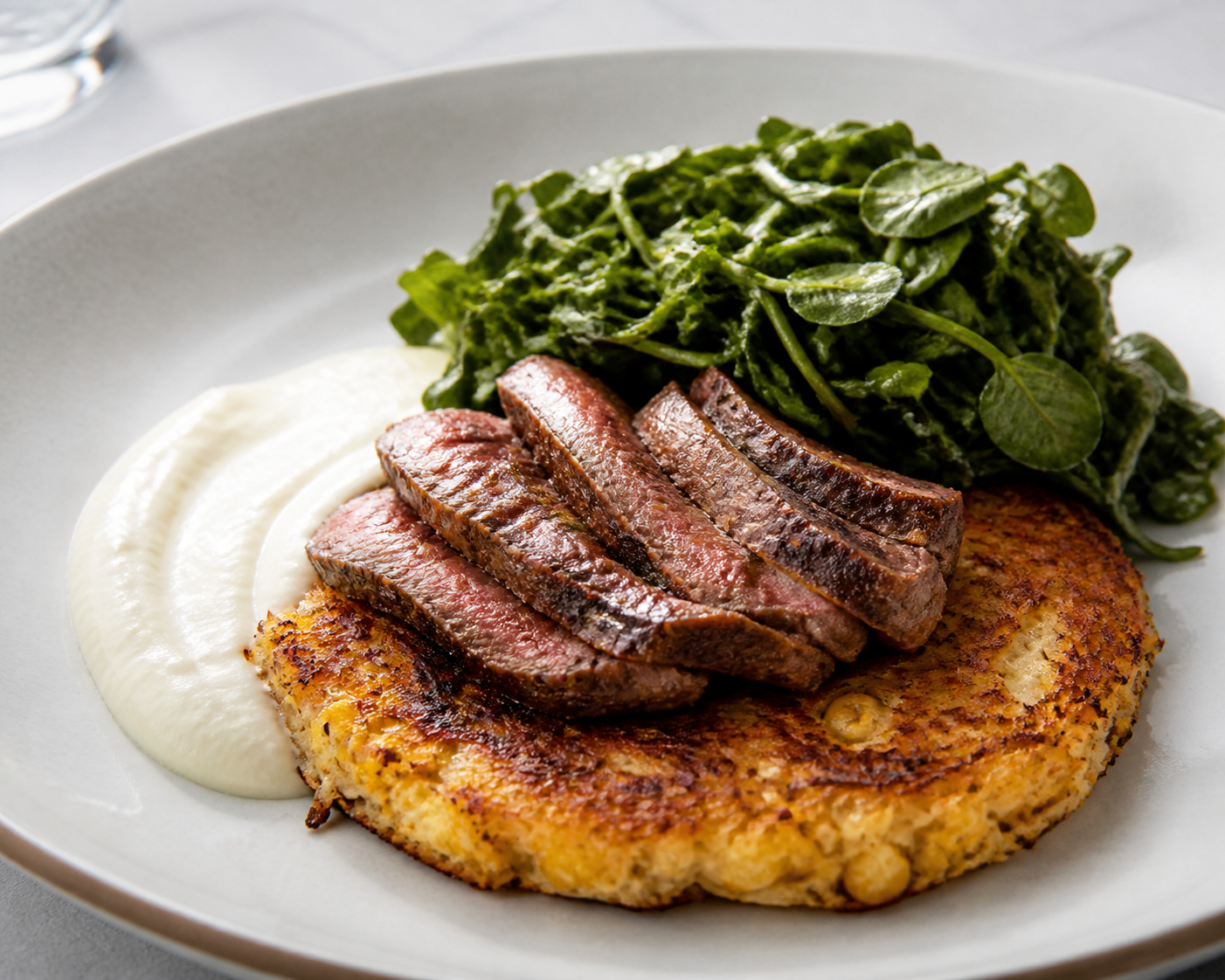 Budare Cake of Taro Root and Sweet Corn with Coffee-Seared Beef, Guayanés Cheese Cream, and Warm Watercress Salad