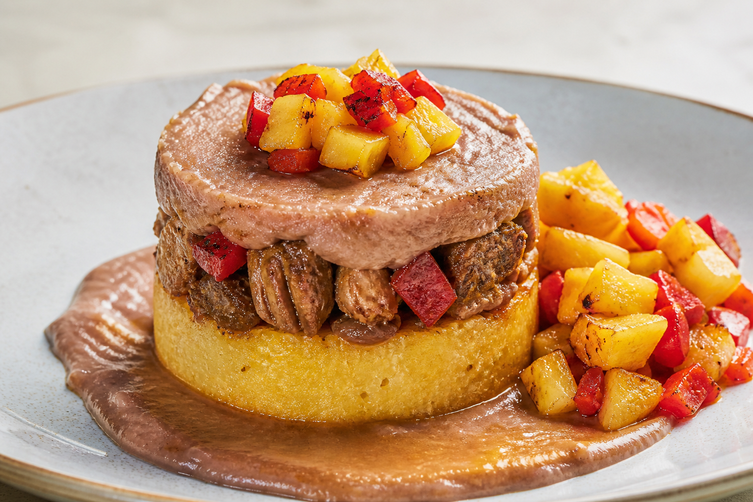 Peeled Corn Arepa Timbale with Sweet Pepper Goat, Pinto Bean Purée and Roasted Pineapple Salad