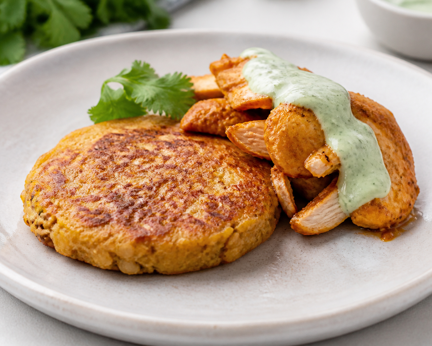 Budare Bean-and-Sweet-Plantain Cake with Annatto Chicken and Fresh Cilantro Cream