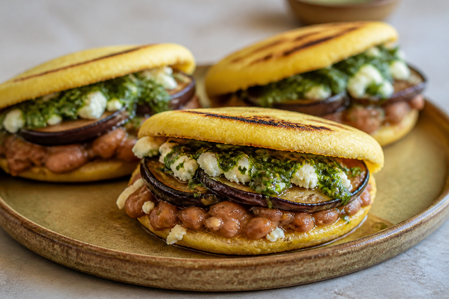Arepas Stuffed with Smoked Eggplant, Creamy Pinto Beans and Fresh Hand Cheese with Cilantro Guasacaca