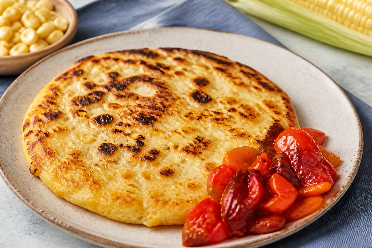 Budare corn-and-cheese skillet bread with warm roasted tomato and sweet pepper relish