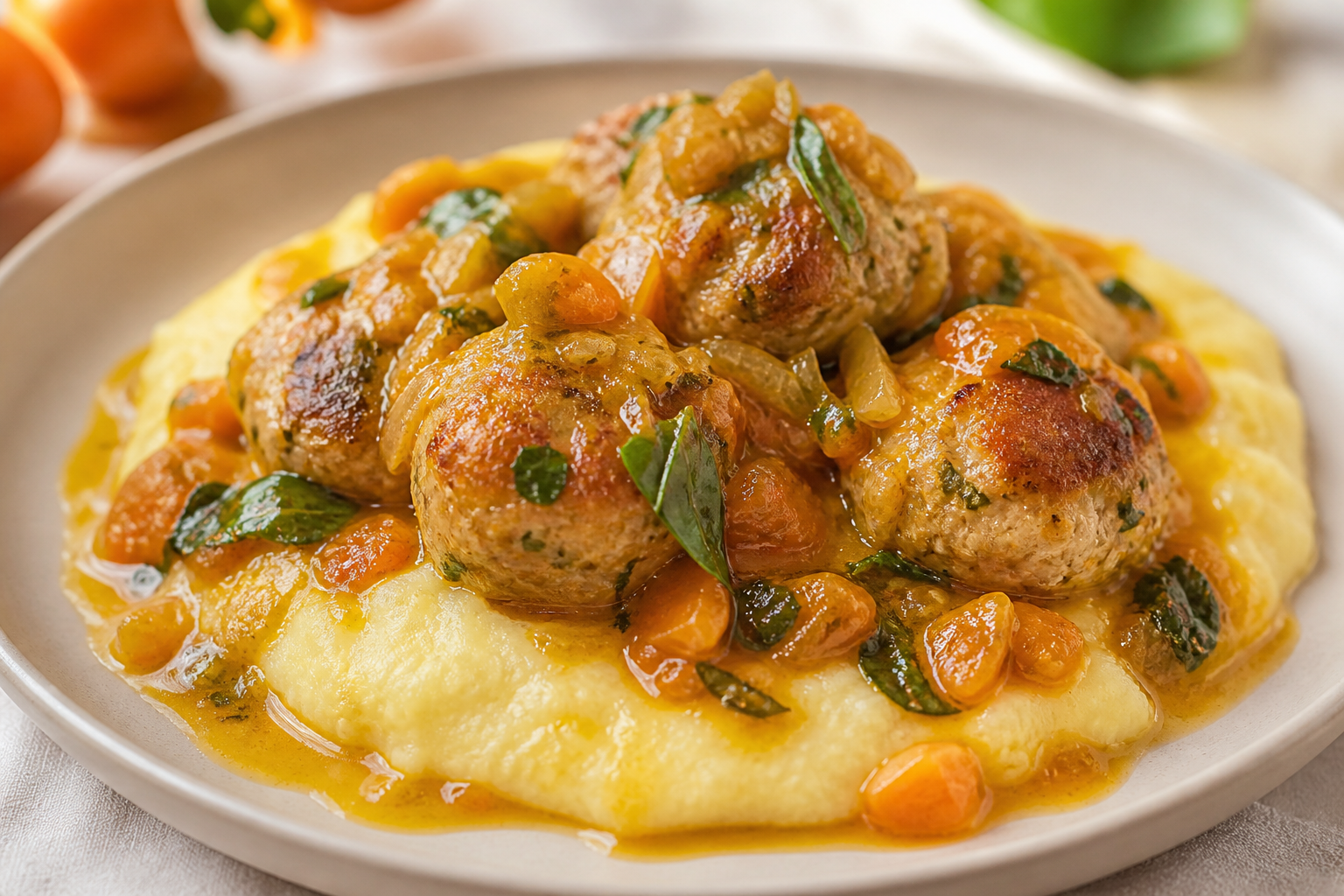 Colombian Turkey Meatballs in Goldenberry-Basil Hogao with Soft Yuca and Corn Mash