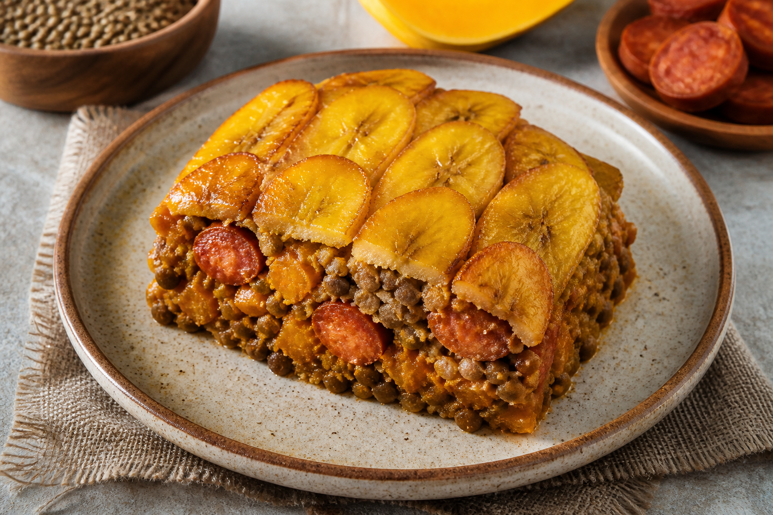 Cazuela Colombiana de Lentejas, Ahuyama y Chorizo con Costra de Plátano Maduro