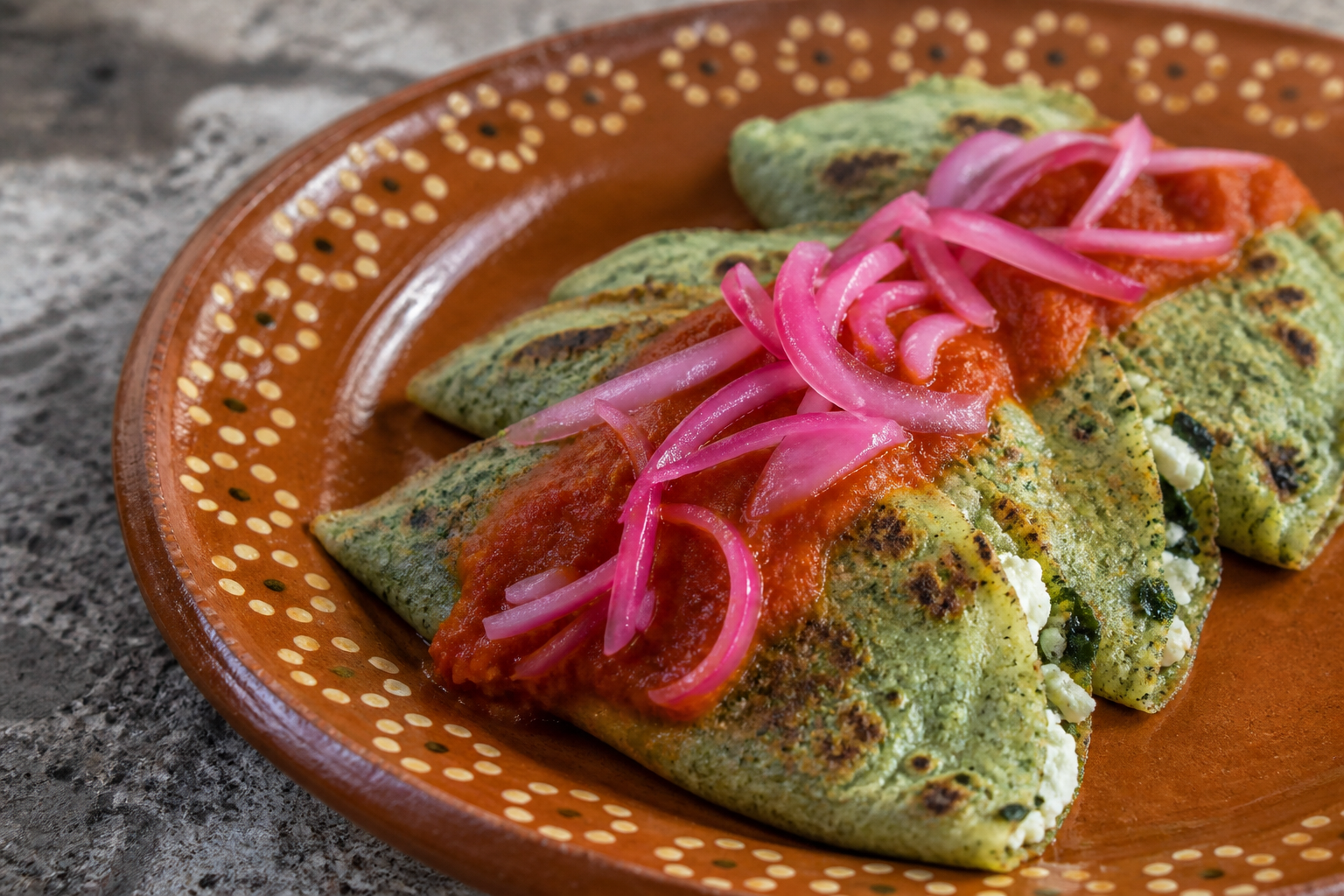 Pastelitos salvadoreños de maíz y espinaca con queso fresco, salsa de tomate rostizado y curtido de cebolla morada