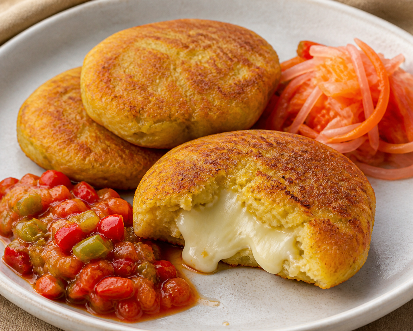 Tortitas salvadoreñas de maíz y chilacayote con corazón de queso fresco, recado de tomate al chile morrón y ensalada de curtido de cebolla con naranja