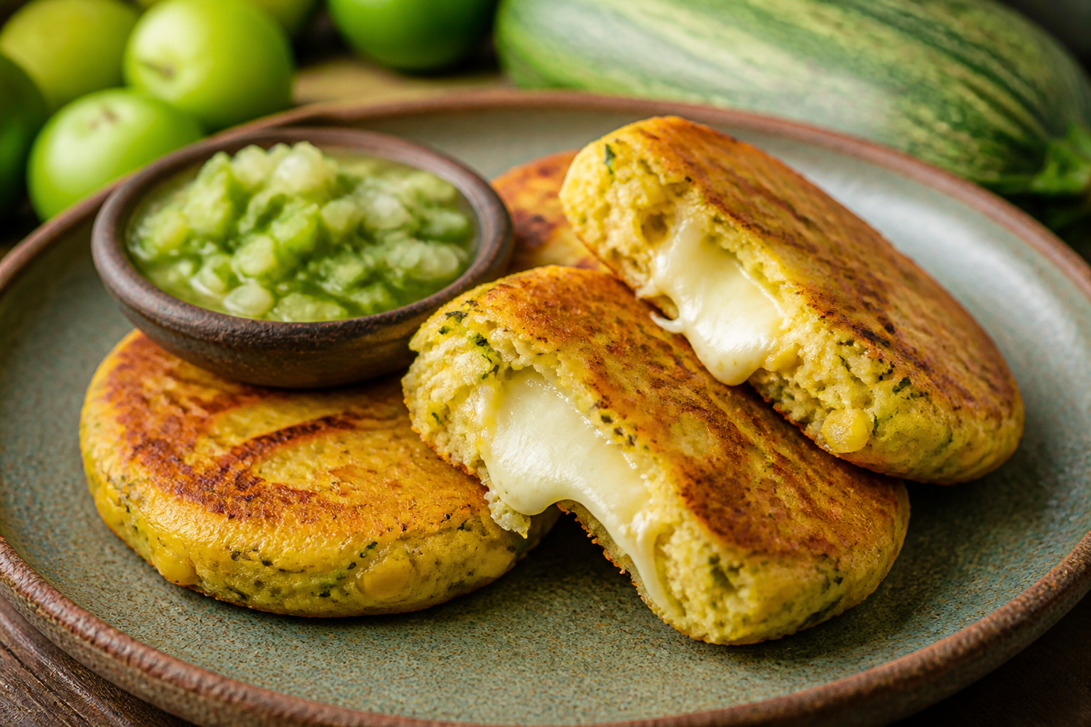 Salvadoran corn and squash patties with quesillo center and green tomato chirmol