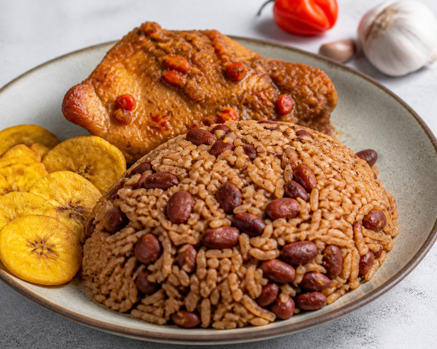 Dominican Baked Red Bean Moro with Aji Gustoso Chicken and Sweet Plantain Crisps