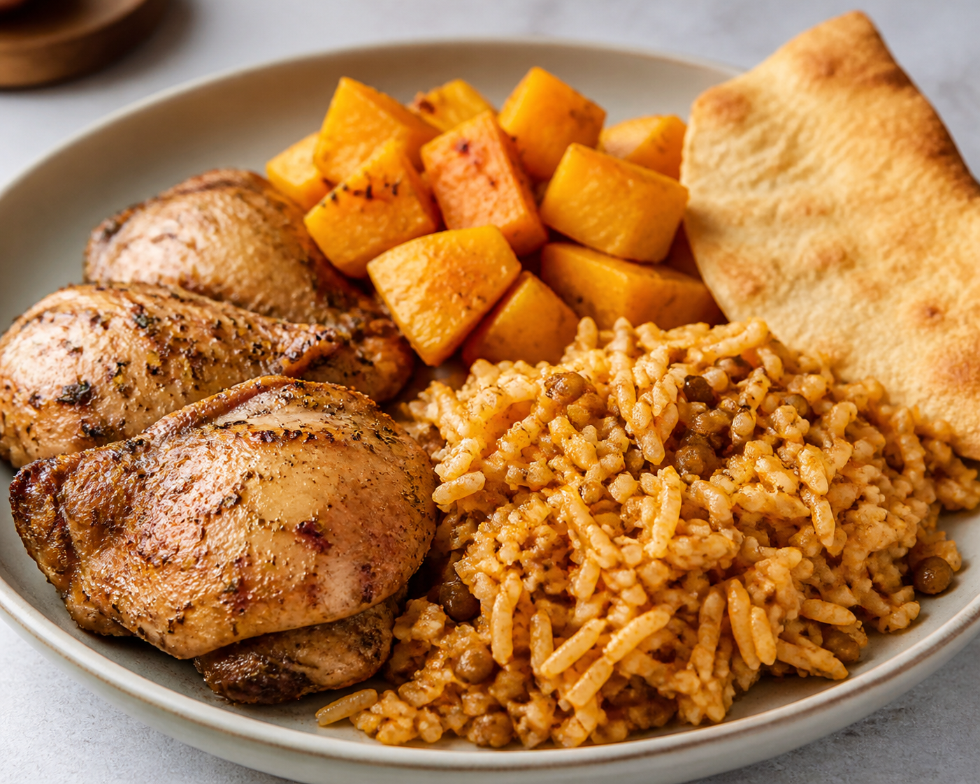 Moro Horneado Dominicano de Lentejas Rojas con Pollo al Orégano, Auyama Asada y Crujiente de Casabe