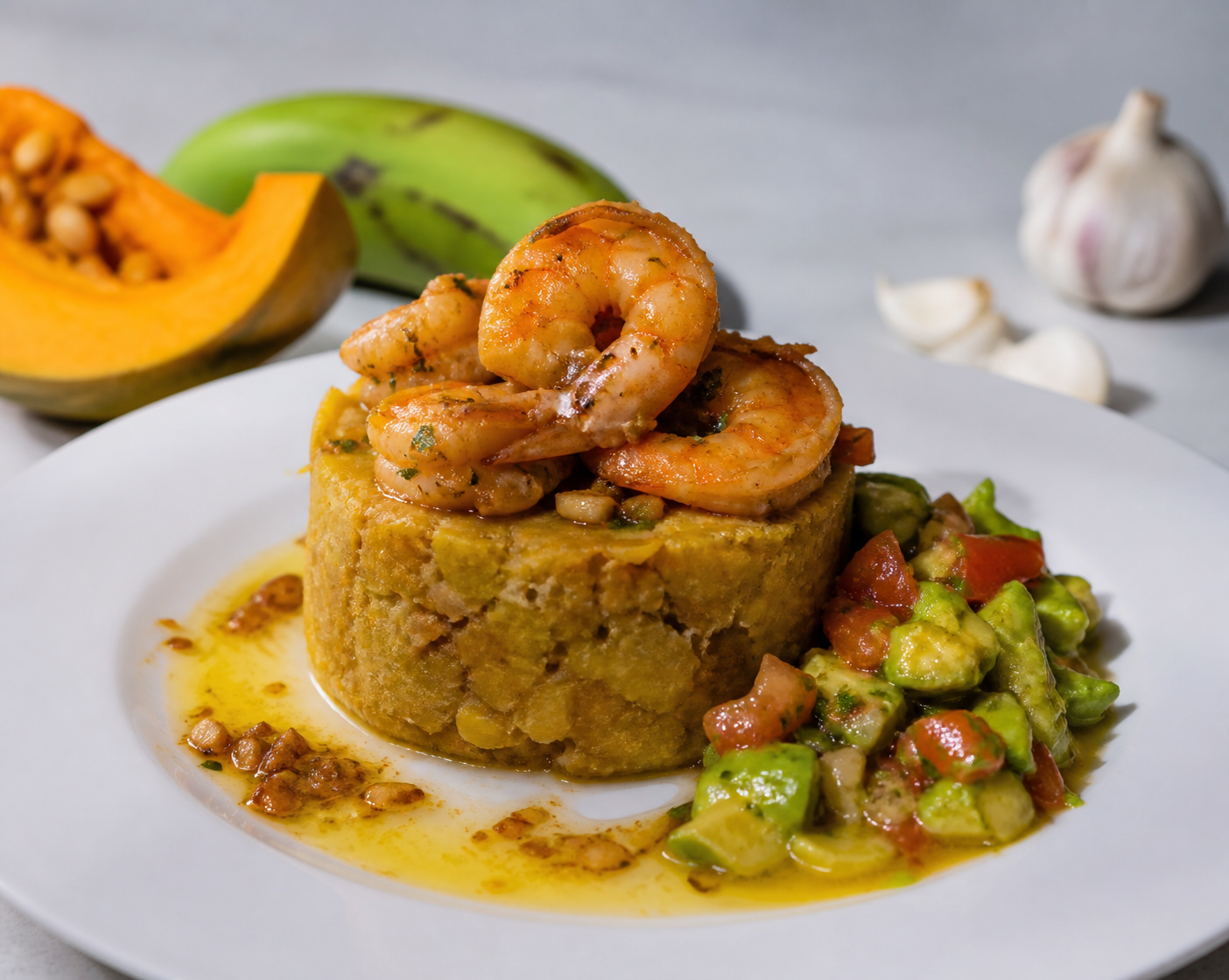 Mofongo Suave Dominicano de Auyama con Camarones al Ajillo Criollo y Pico de Aguacate
