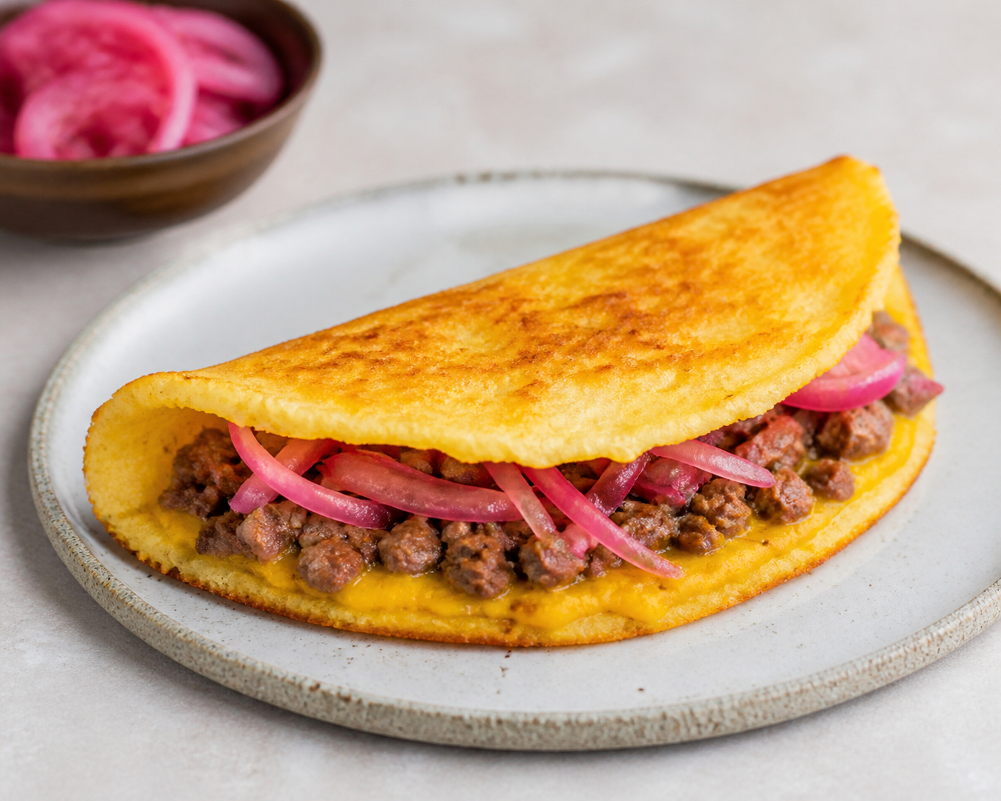 Dominican Cassava Flatbread Turnovers Filled with Oregano Beef, Auyama Cream, and Pickled Onion