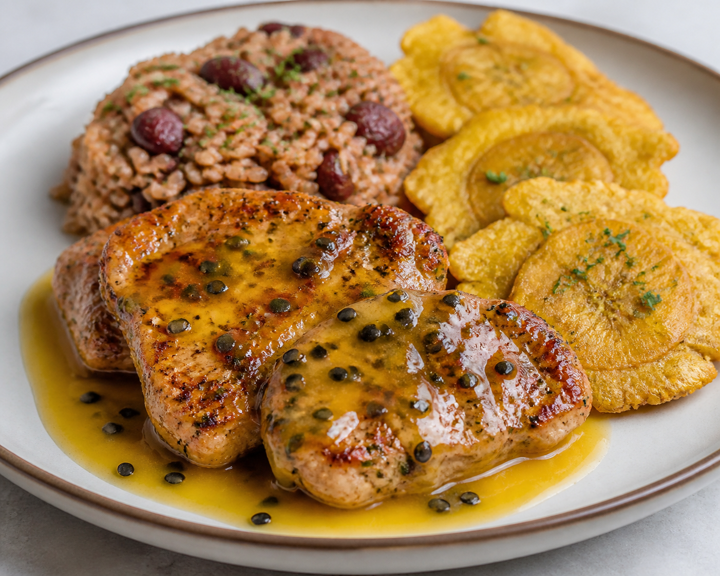 Dominican Pork Chops in Passion Fruit Sauce with Soft Red Bean Moro and Oregano Tostones