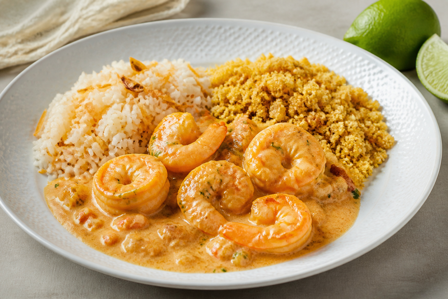 Cazuela Brasileña de Camarón con Arroz de Coco Tostado, Piña Asada y Farofa de Lima