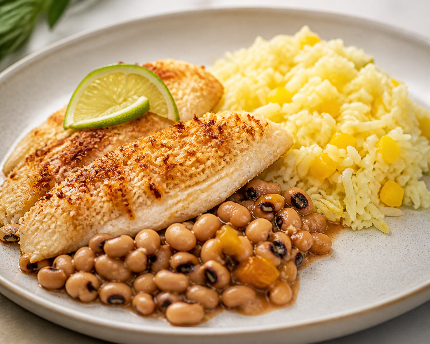 Tilapia Brasileña con Costra de Coco y Lima, Arroz de Pimiento Amarillo y Vinagreta Tibia de Frijol Fradinho
