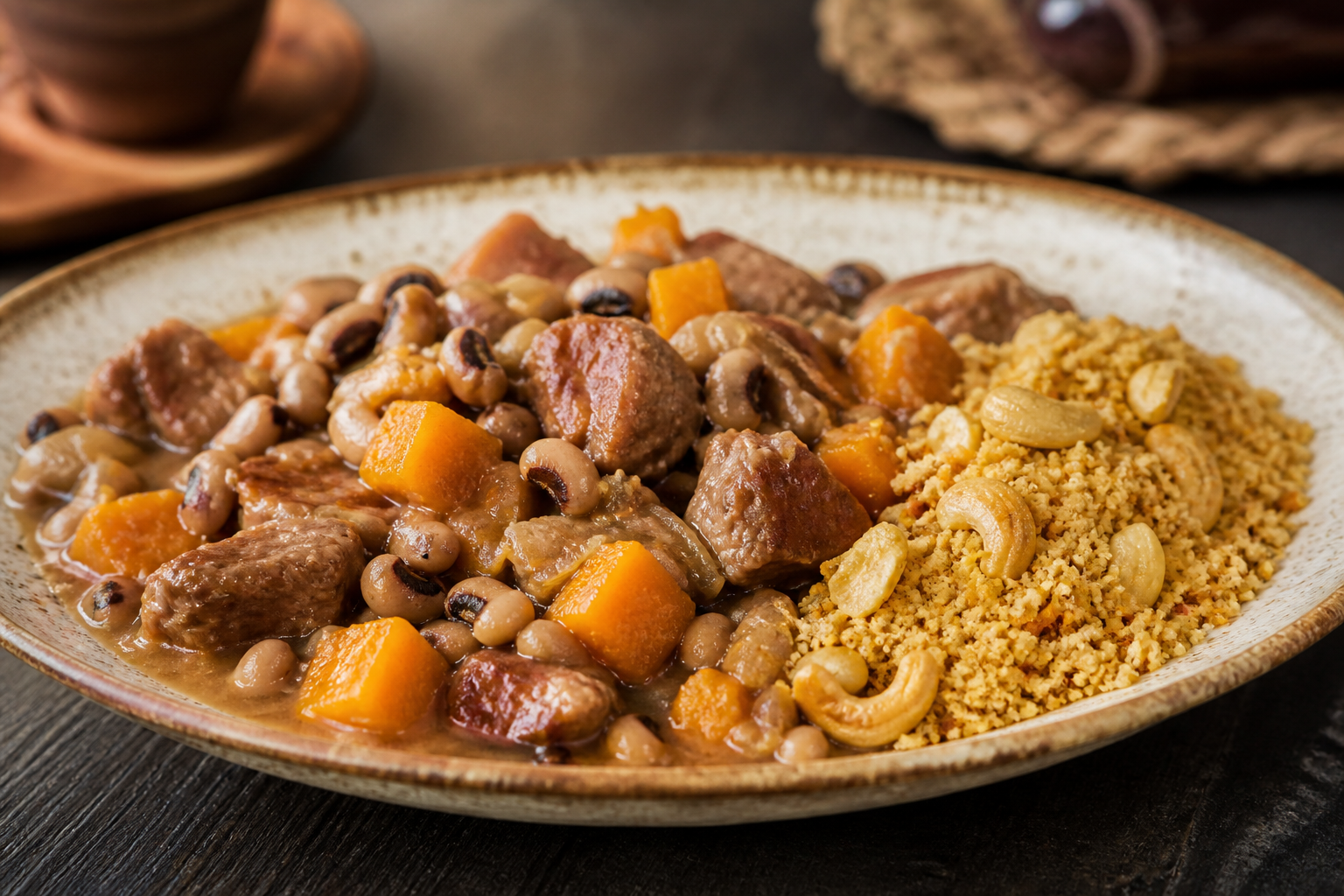 Cazuela Brasileña de Cerdo y Frijol Fradinho con Calabaza al Coco y Farofa de Cajú