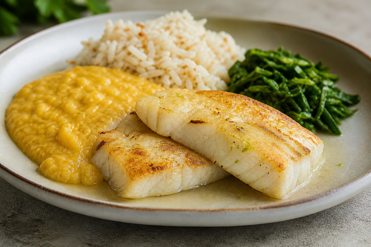 Light Fish and Cashew Vatapá with Toasted Coconut Rice and Lemony Collard Greens