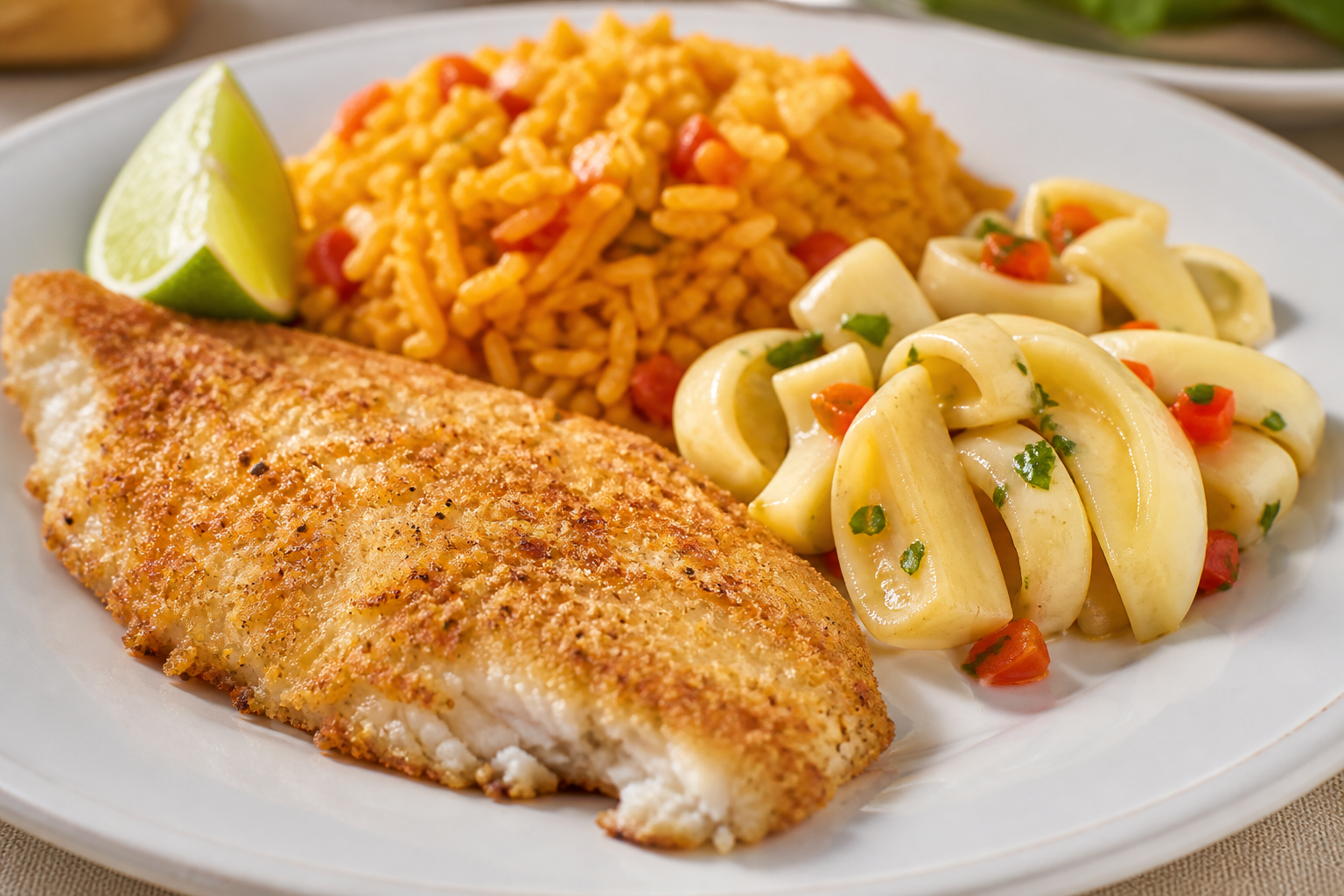 Brazilian Tapioca-Coconut Crusted Tilapia with Dendê Tomato Rice and Warm Hearts of Palm Salad