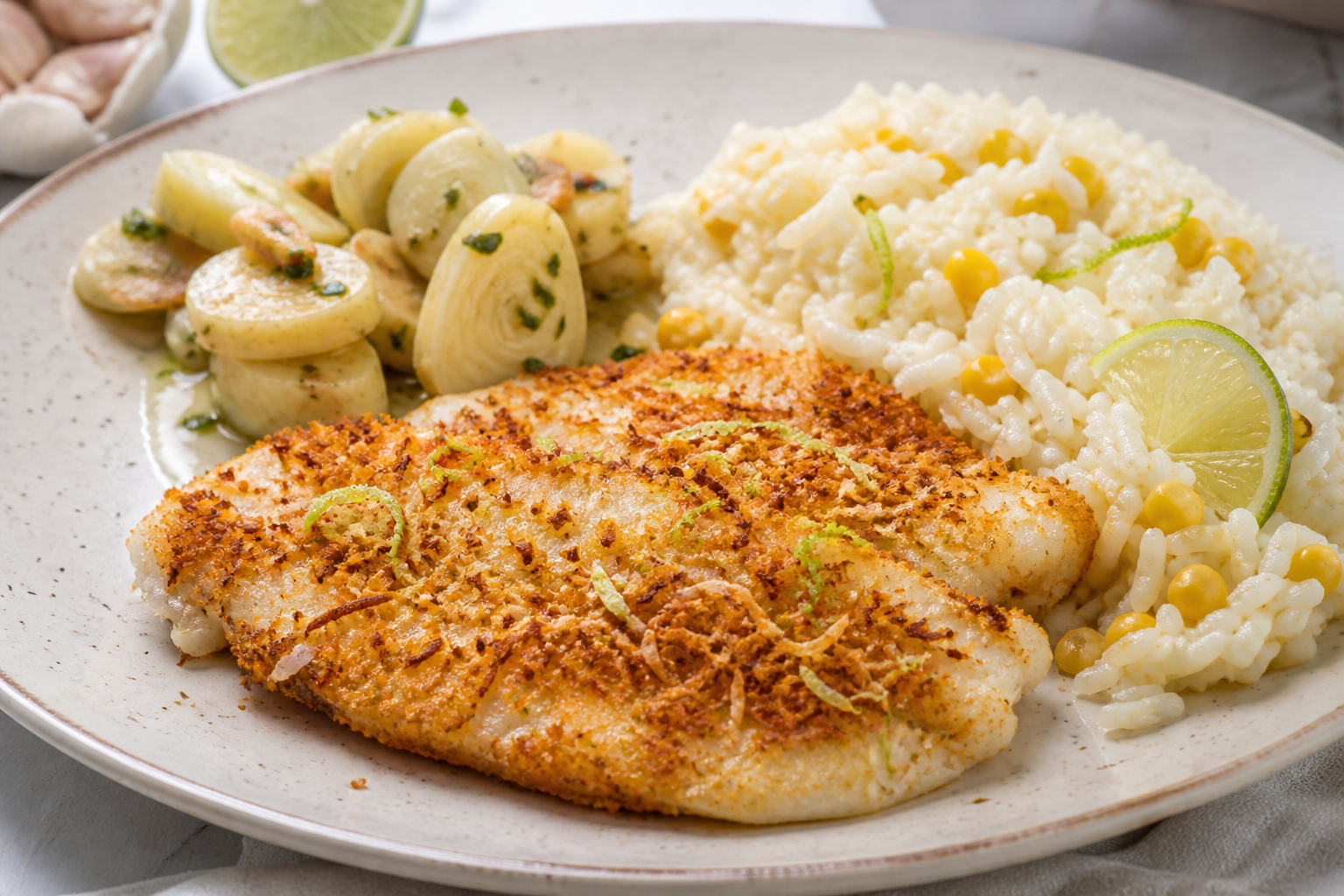 Tilapia Brasileña en Costra de Coco y Lima con Arroz Cremoso de Maíz y Vinagreta Tibia de Palmito