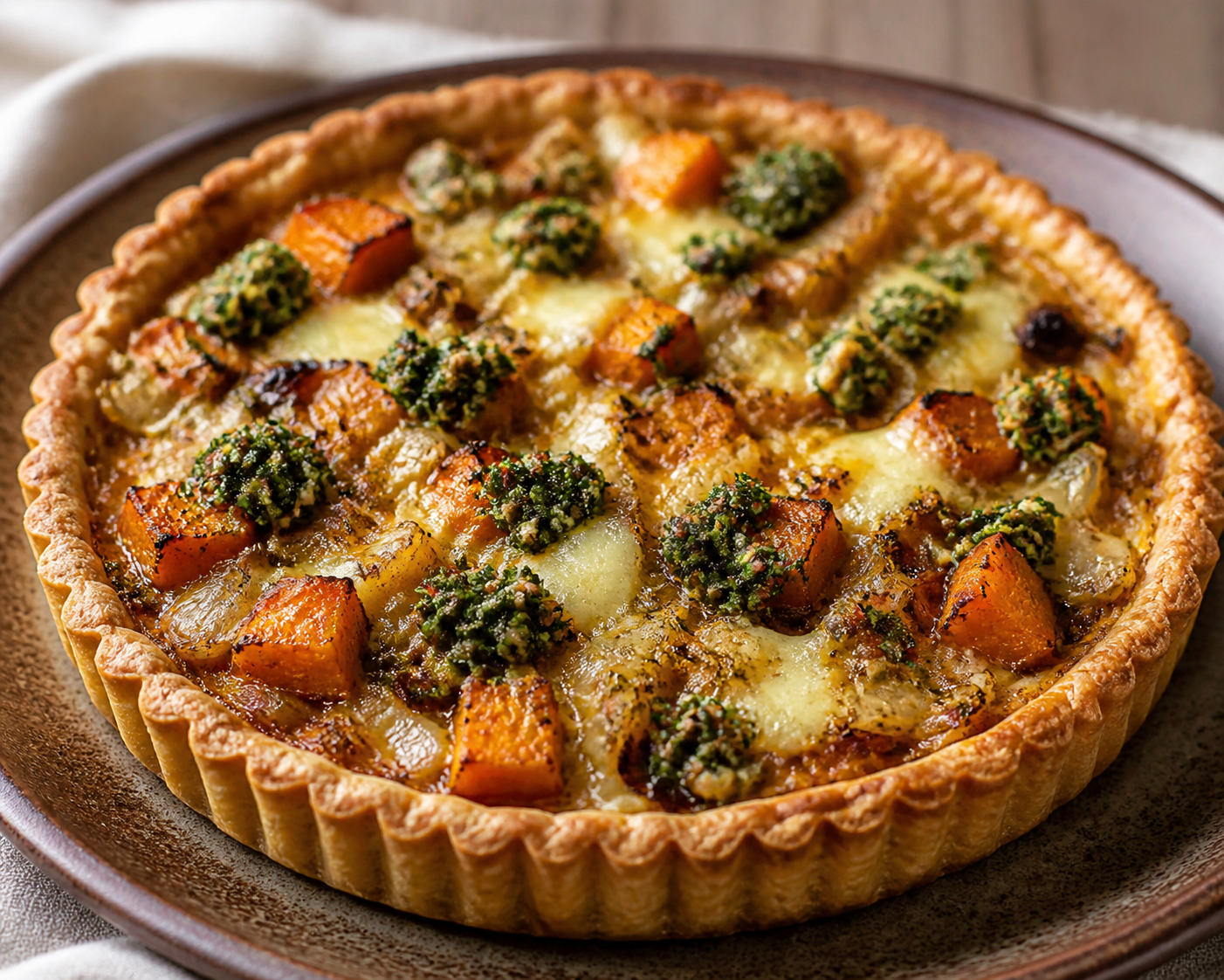 Argentine savory tart with caramelized onions, roasted squash, Sardo cheese and walnut chimichurri