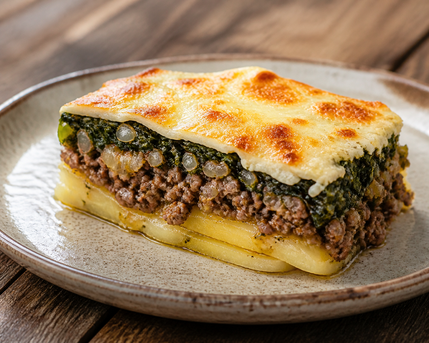 Rustic potato pie with cumin beef, sautéed chard, and criollo cheese gratin
