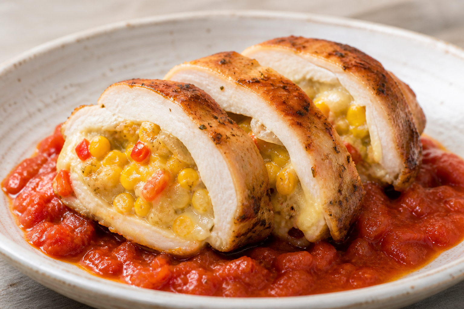Pamplona criolla de pollo rellena de humita especiada y queso, con salsa tibia de tomate asado