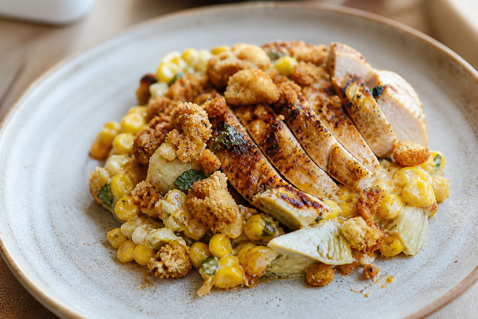 Chilean Corn and Artichoke Bake with Merkén-Seared Chicken and Marraqueta Crumbs