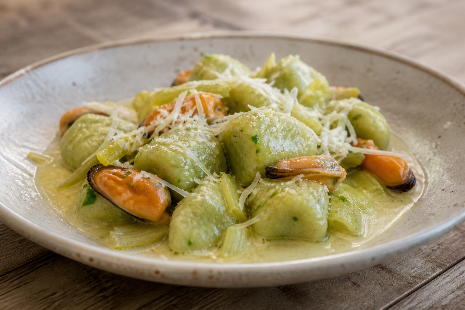 Chiloé-style potato and nalca malfatti with mussels in white wine sauce