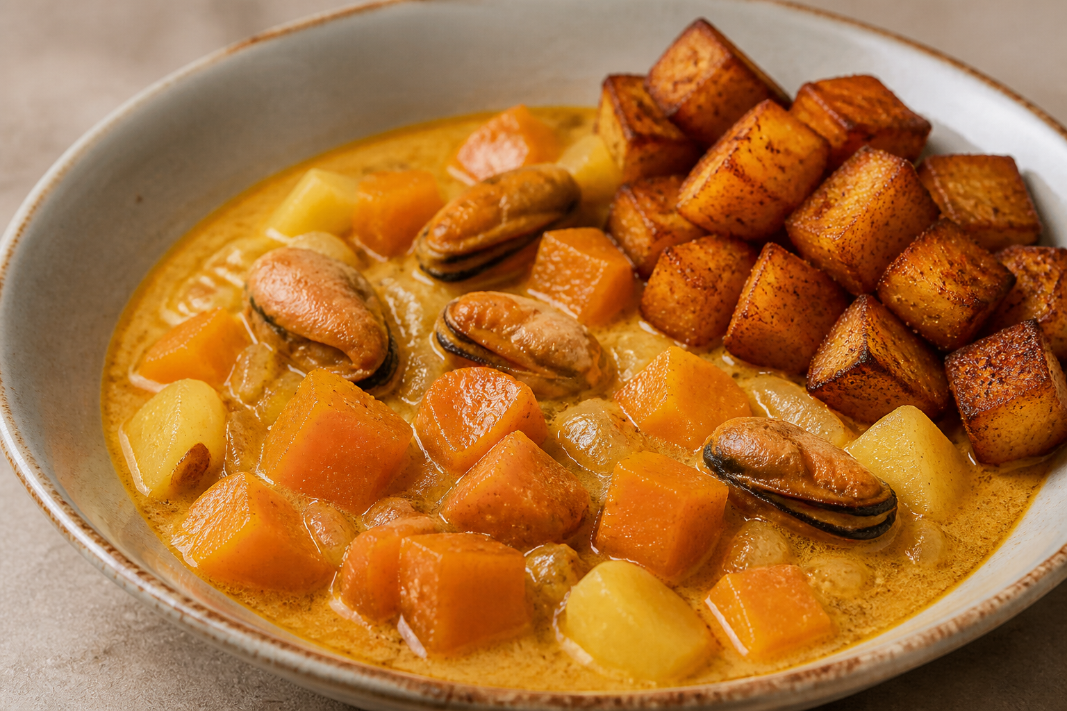 Chilean pumpkin and mussel chupe with merkén-crisped potatoes