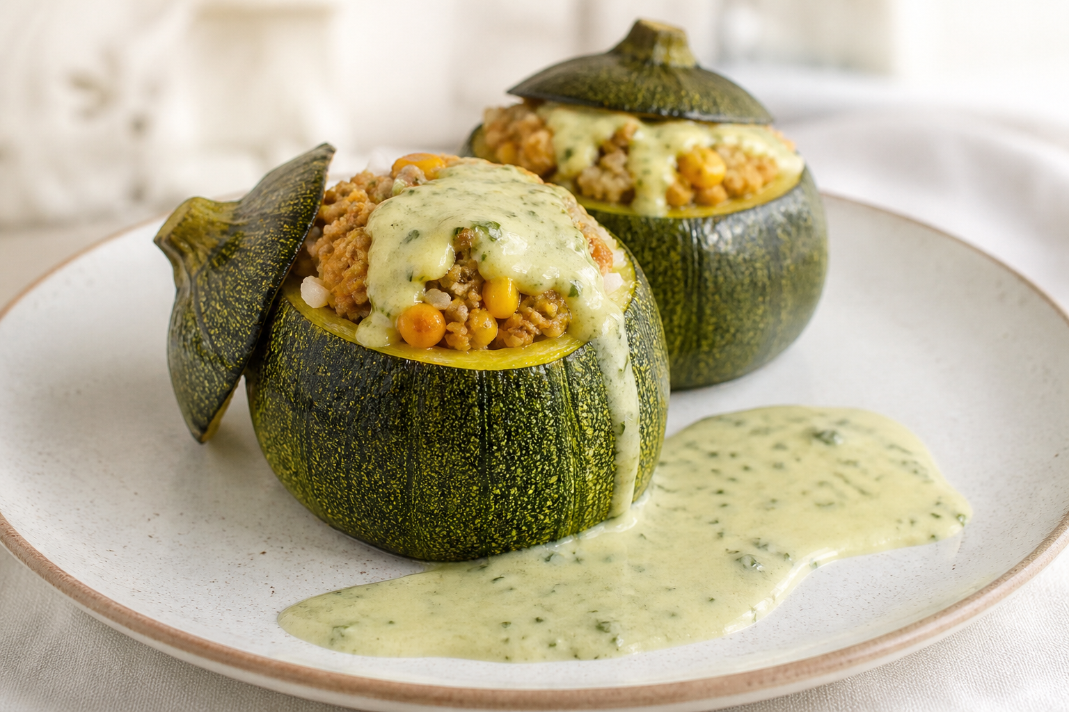 Zapallitos Rellenos de Choclo y Pavo al Merkén con Salsa Cremosa de Albahaca