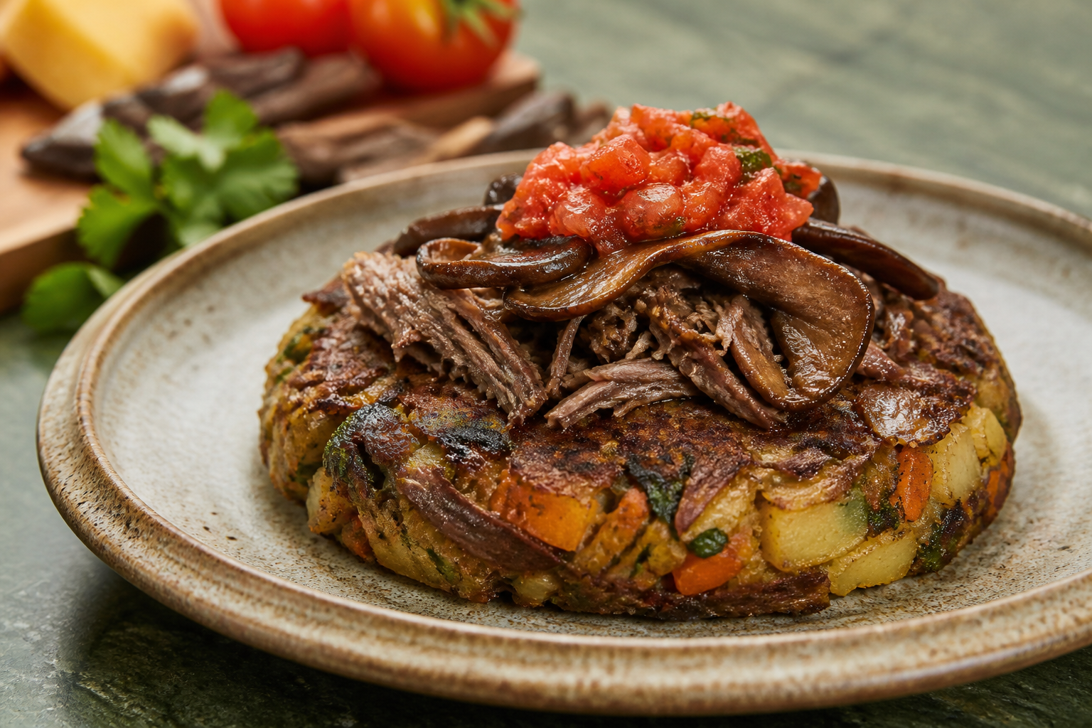 Charquicán de Chochoca Tostada con Vacuno Mechado, Digüeñes Salteados y Pebre de Tomate Asado