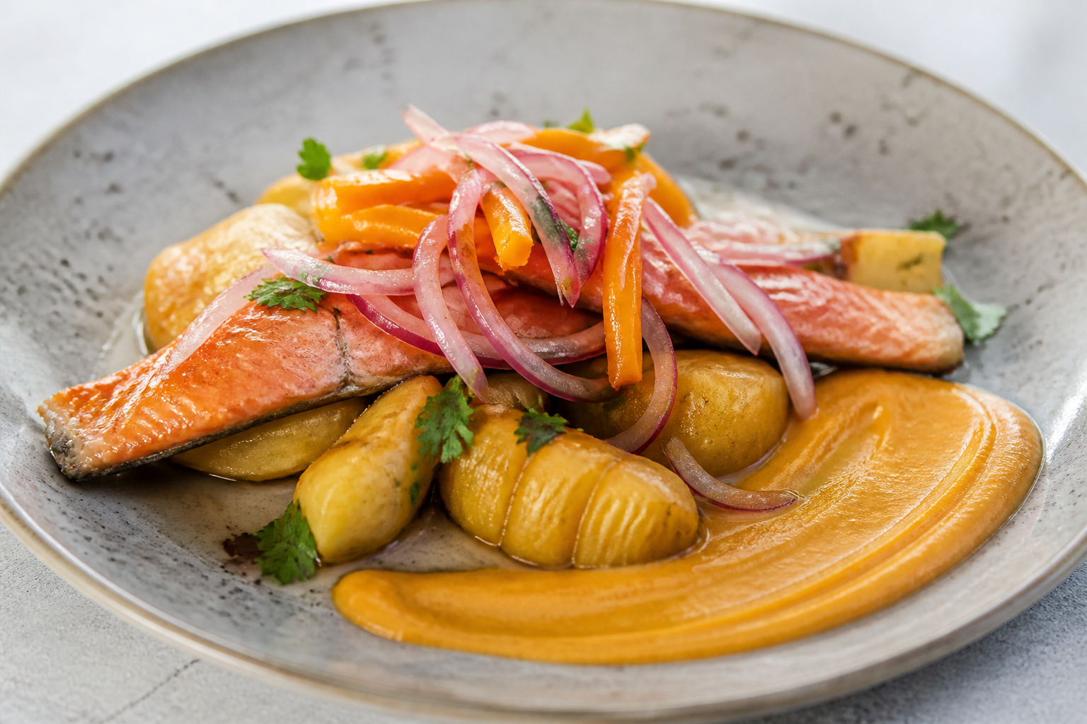 Warm Trout Escabeche with Golden Mashua and Light Rocoto Cream