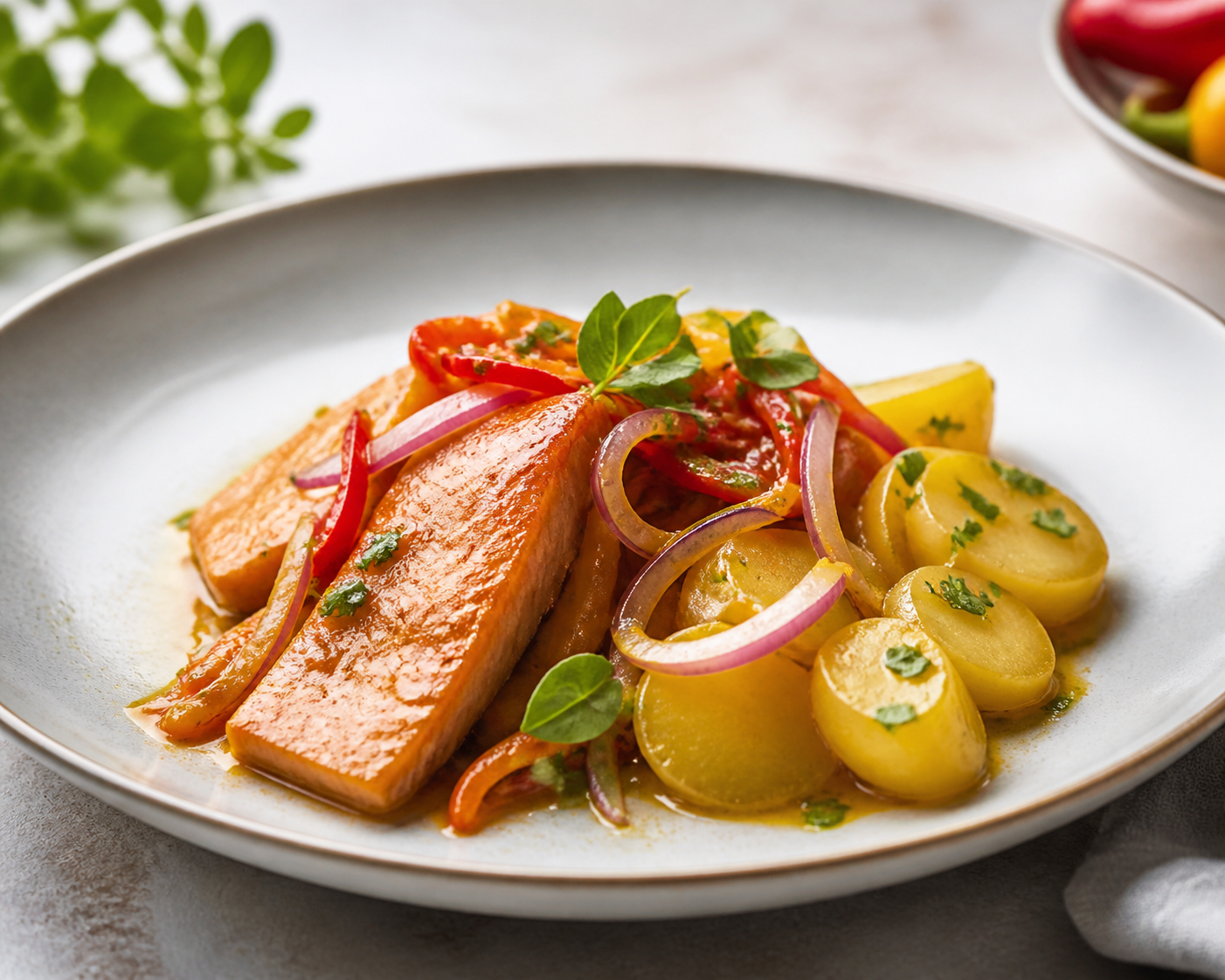 Warm Trout Escabeche with Sautéed Olluco, Aji Amarillo and Andean Herbs