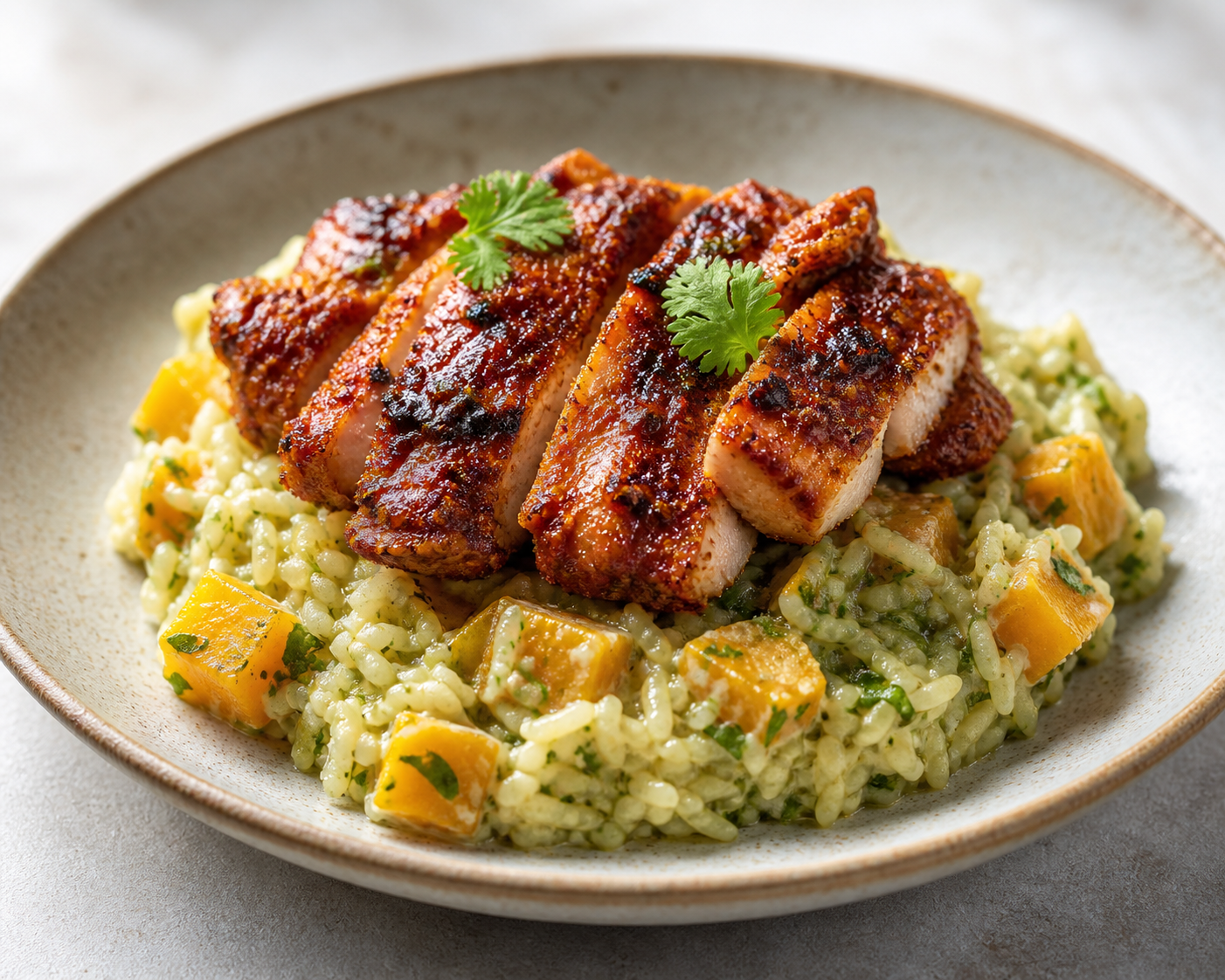 Creamy Cilantro and Squash Rice with Crispy Aji Panca Chicken