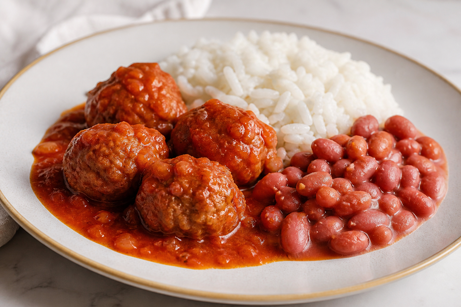 Albóndigas de Cerdo al Sofrito de Ciruela con Arroz de Coco y Habichuelas Rosadas