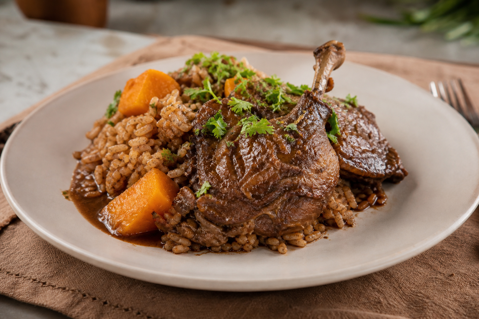 Peruvian Duck Atollado Rice with Macre Squash, Dark Beer and Creole Herbs
