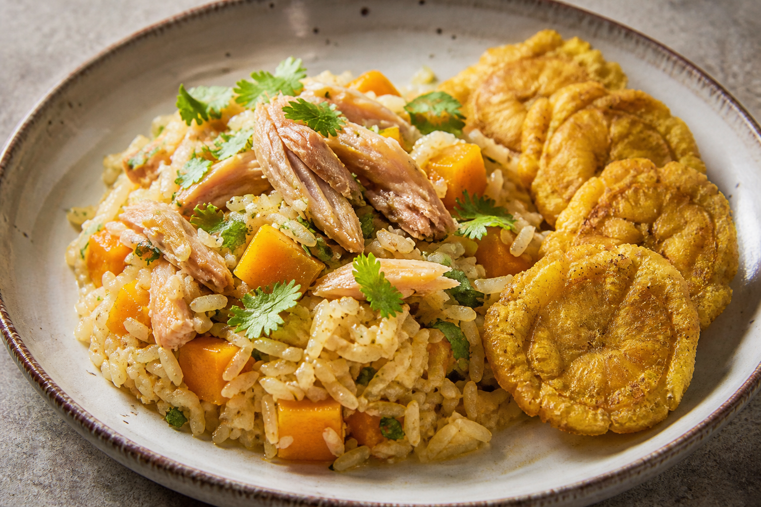 Arroz Cremoso de Pescado Ahumado con Calabaza, Recao y Tostones de Plátano Verde