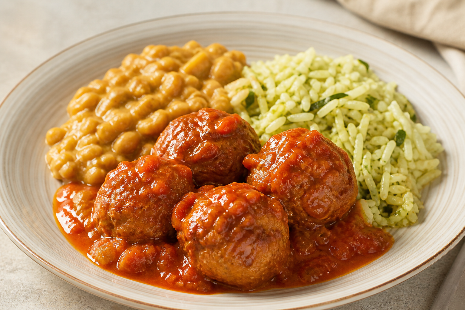 Pork Meatballs in Acerola Sofrito with Creamy Pigeon Pea and Zucchini Rice