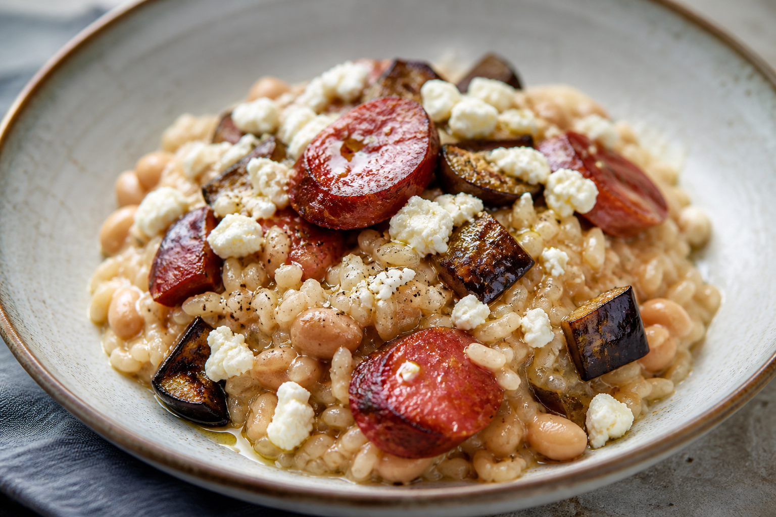 Arroz Cremoso de Longaniza con Berenjena Asada, Habichuelas Blancas y Queso del País