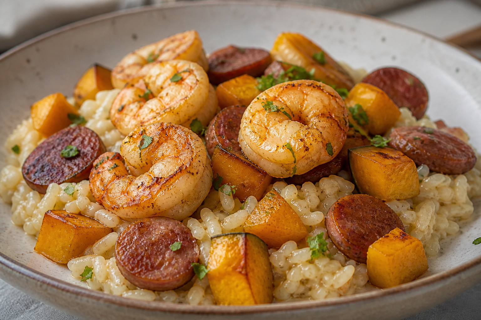 Arroz cremoso de coco con camarones, calabaza asada y crocante de longaniza boricua