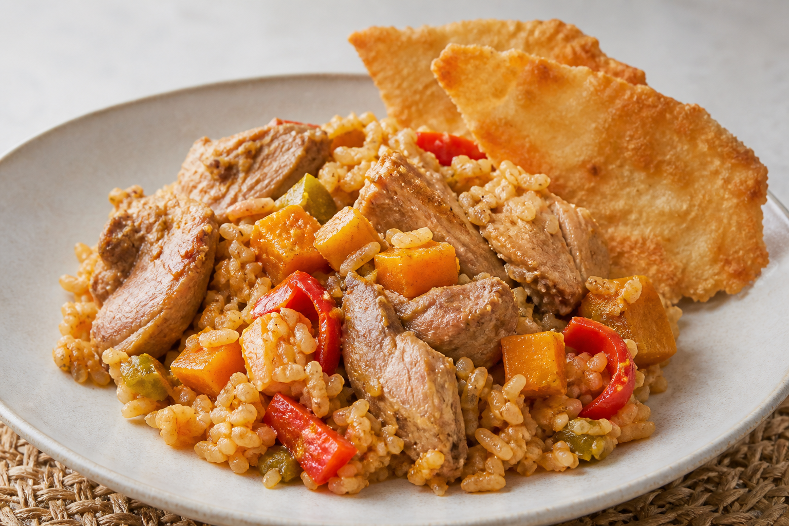 Creamy Puerto Rican rabbit rice with roasted squash, sweet peppers, and crispy cassava flatbread