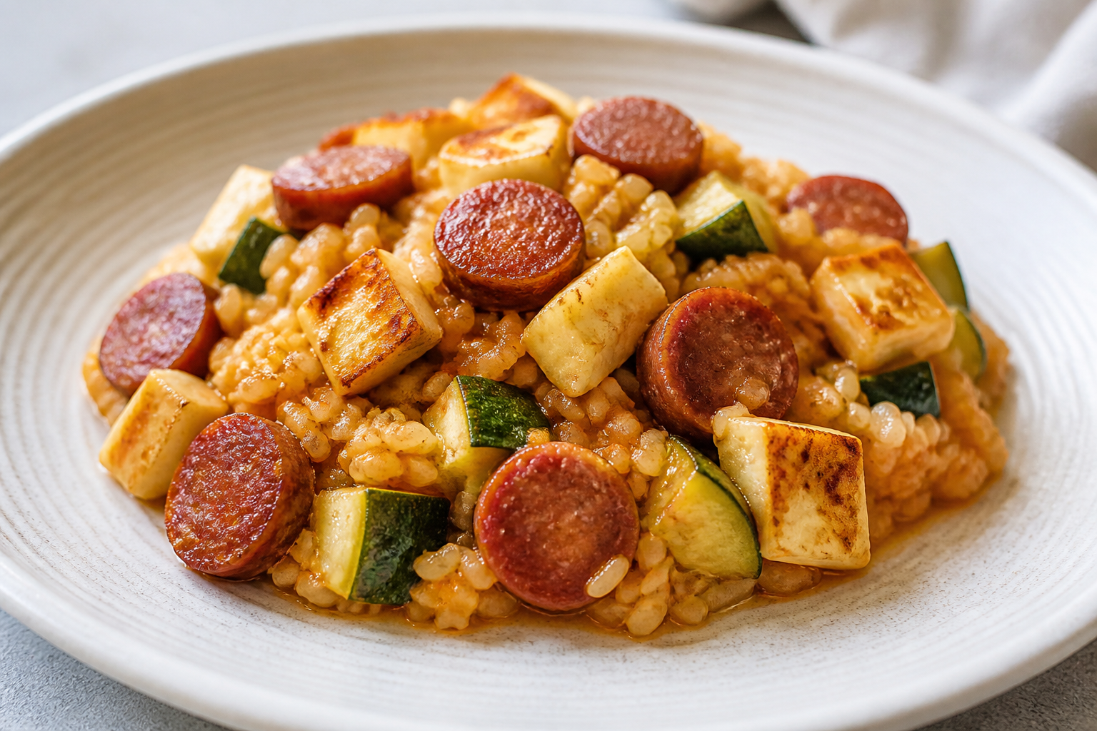 Arroz cremoso de longaniza y calabacín con chicharrón de halloumi boricua
