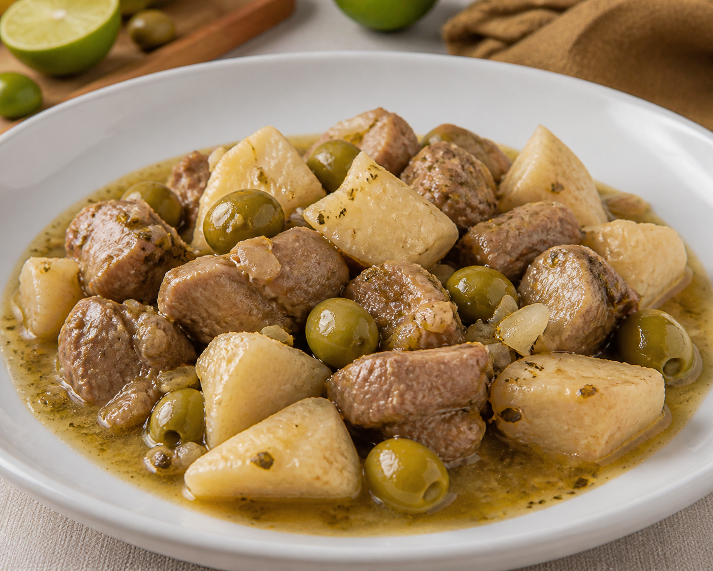 Fricasé Cubano de Cerdo con Malanga, Aceitunas y Naranja Agria