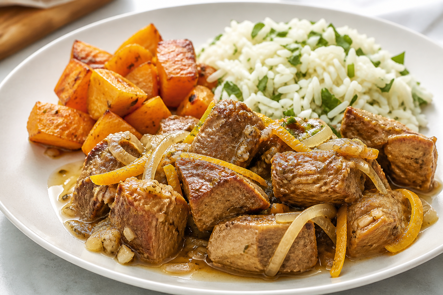 Cuban Pork Chunks with Warm Sour Orange Escabeche, Roasted Squash, and Cilantro Rice