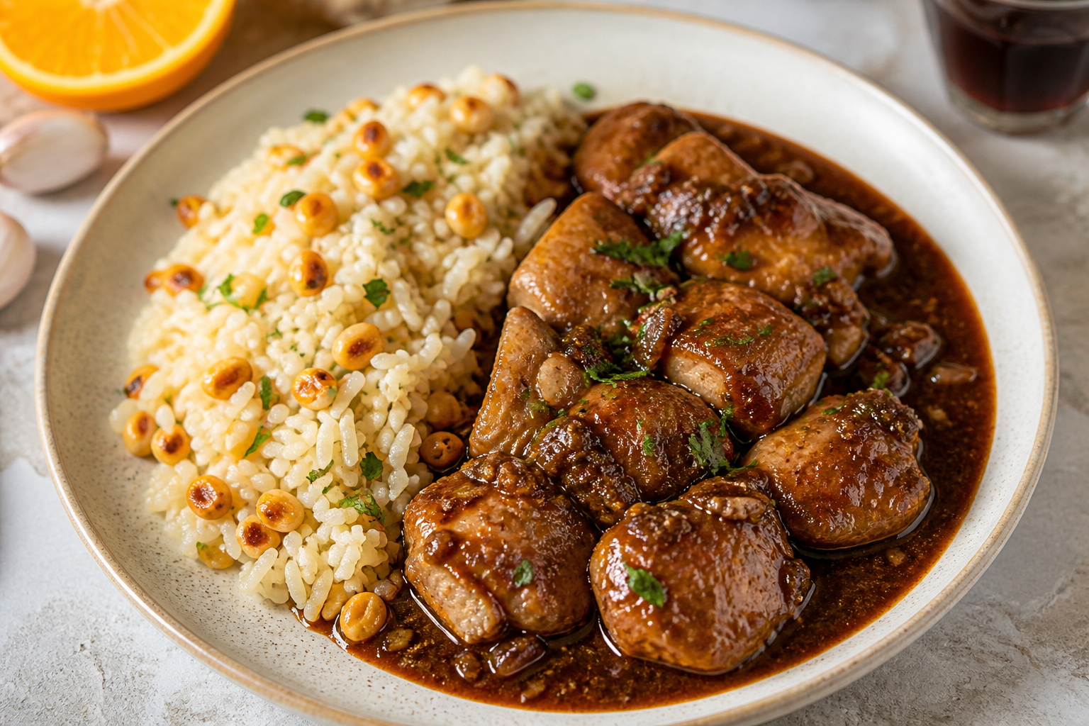 Pollo Cubano al Mojo de Café y Naranja con Arroz de Maíz Tostado