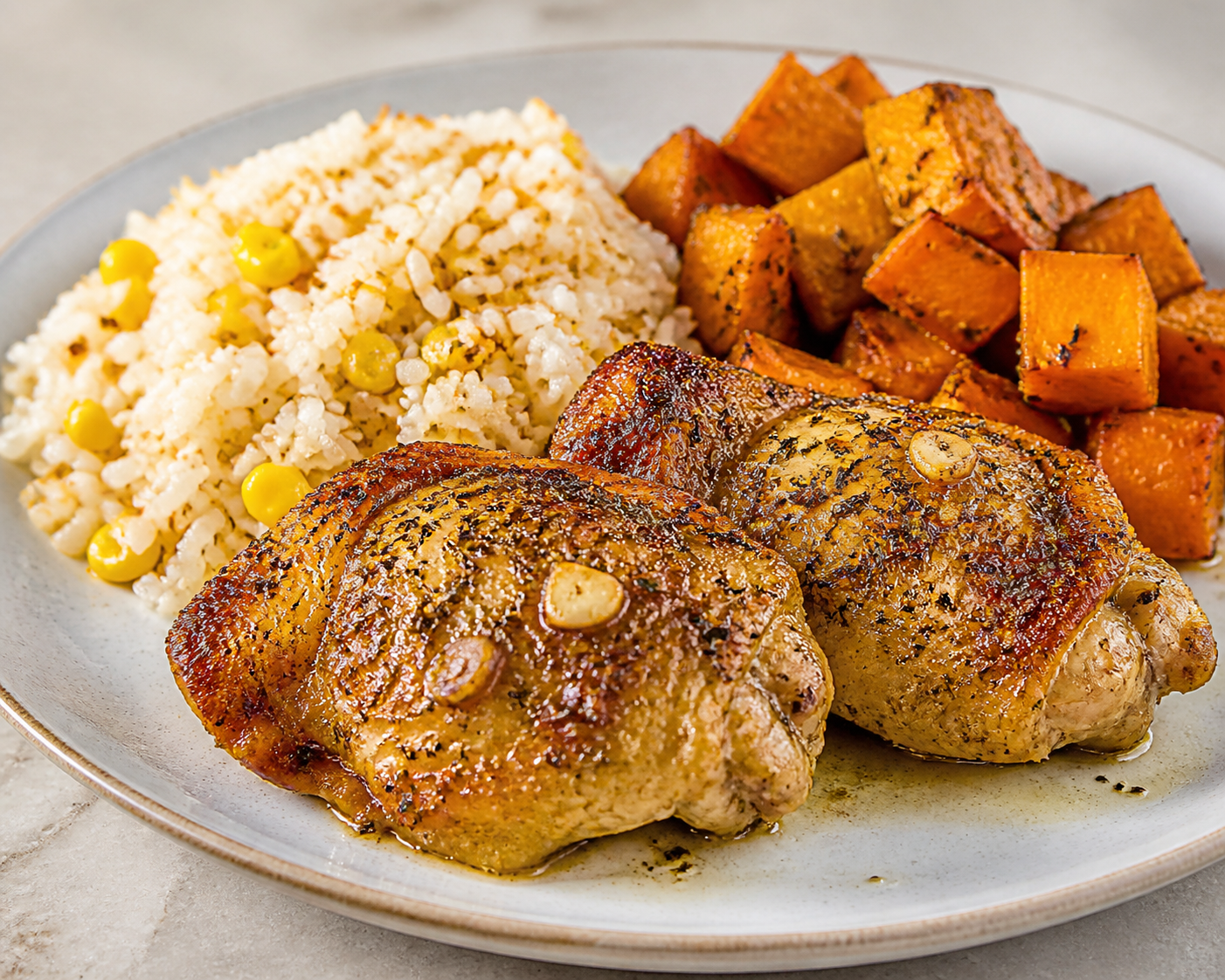 Cuban Roasted Chicken in Sour Orange Mojo with Toasted Corn Rice and Cumin Roasted Squash