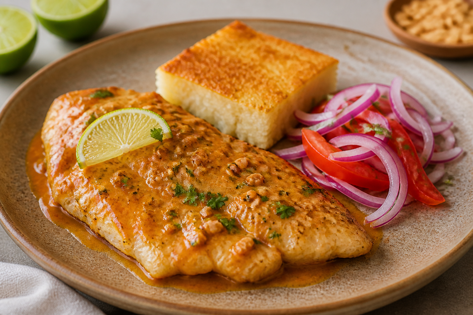 Coastal baked albacore with warm peanut-lime sauce, served with rustic cassava cake and onion-tomato salad