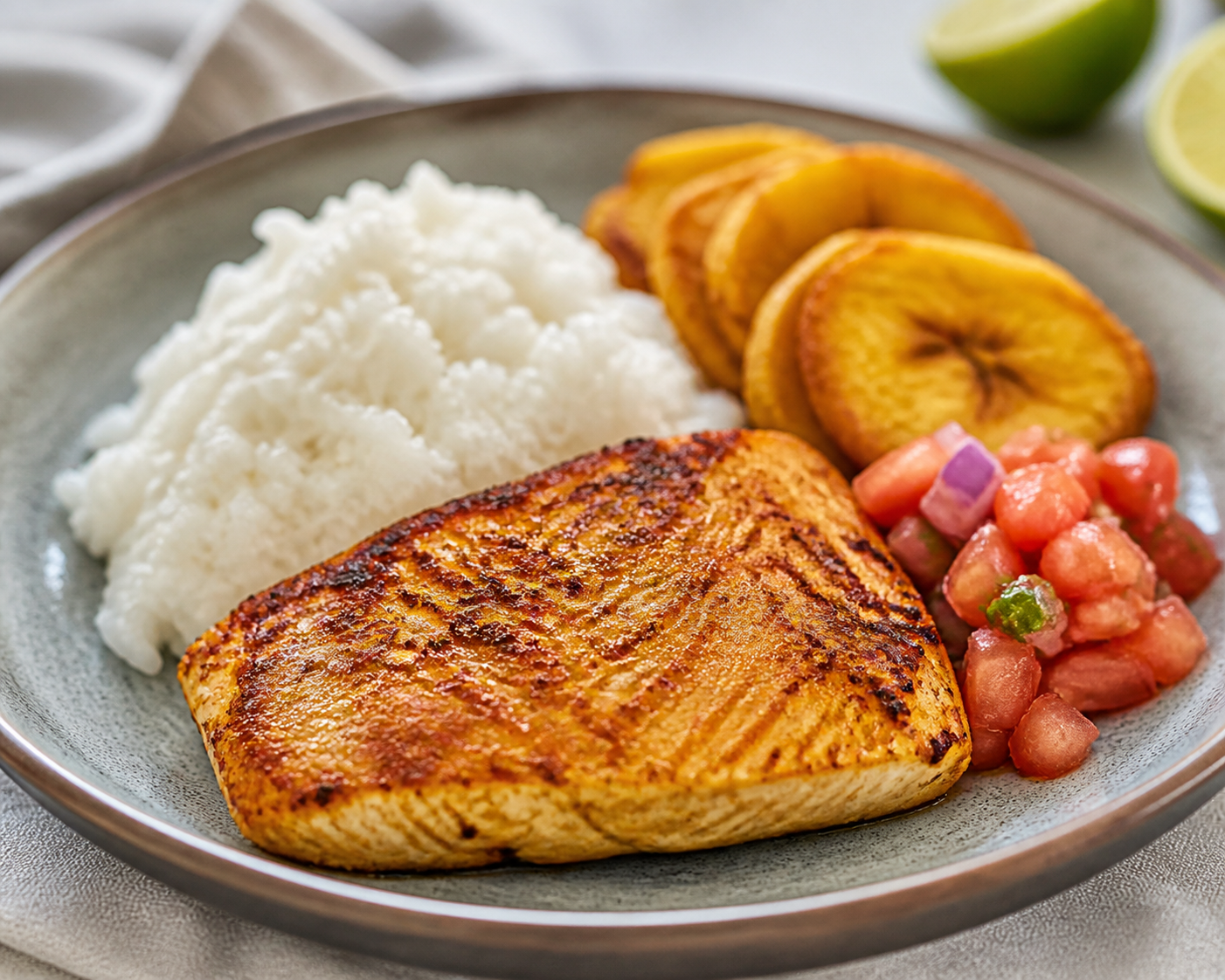 Hornado costeño de albacora con arroz cremoso de coco, plátano verde crujiente y encurtido de tomate riñón