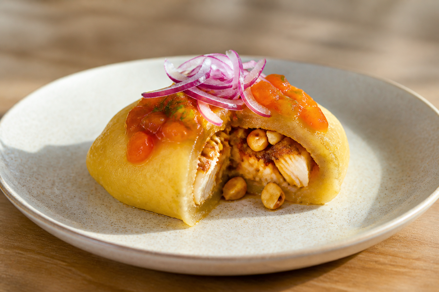 Bollo de Yuca con Pescado al Maní y Encurtido de Tomate de Árbol