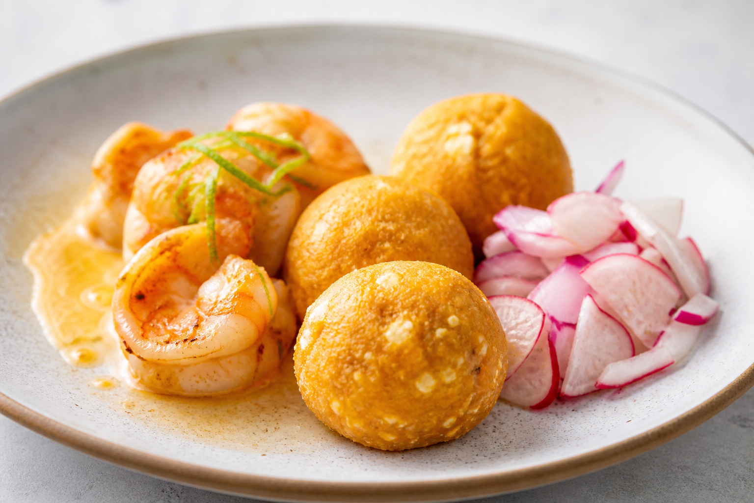 Bollo de Camote y Maní con Camarón Encocado al Limón y Encurtido de Rábano