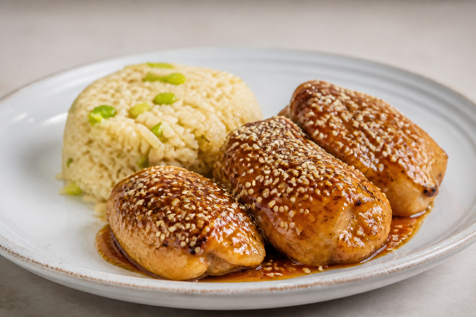 Pollo Hondureño en Recado de Ajonjolí Tostado y Naranja Agria con Arroz de Guineo Verde